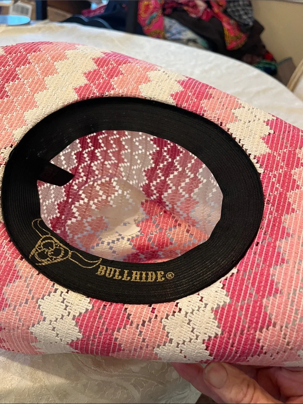 Bullnose Teenage Dream Girls Pink Chevron Straw Cowboy Hat Western EUC